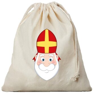Bellatio Decorations Cadeautasje Sinterklaas - strooizak met sluitkoort - pepernoten zak - katoen Beige