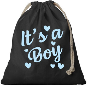 Bellatio Decorations Canvas cadeautasje / kraamcadeau tasje - It's a boy - zwart - met koord - 25 x 30 cm