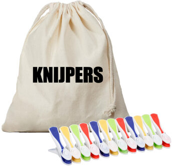 Bellatio Decorations Canvas knijperzak/ opbergzakje knijpers wit/ offwhite met koord 25 x 30 cm en 48 plastic wasknijpers