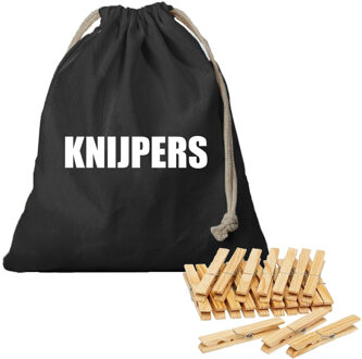 Bellatio Decorations Canvas knijperzak/ opbergzakje knijpers zwart met koord 25 x 30 cm en 120 houten wasknijpers