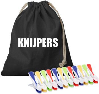 Bellatio Decorations Canvas knijperzak/ opbergzakje knijpers zwart met koord 25 x 30 cm en 48 plastic wasknijpers