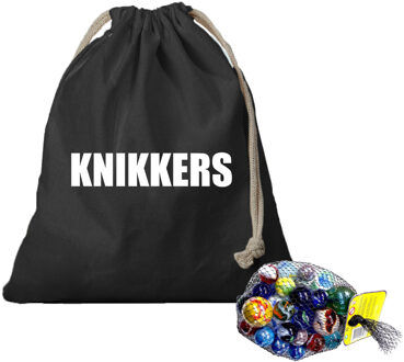 Bellatio Decorations Canvas knikkers opbergzakje - zwart - bedrukt met tekst knikkers - en 1 kilo knikkers en bonken