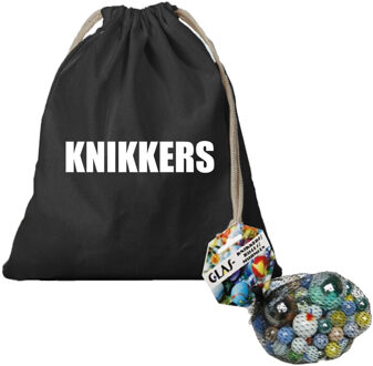 Bellatio Decorations Canvas knikkers opbergzakje - zwart - bedrukt met tekst knikkers - en 79 knikkers en bonken