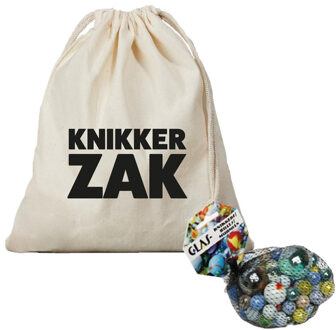 Bellatio Decorations Canvas knikkerzak/ knikker opbergzakje met koord offwhite en 79 knikkers en bonken Multi