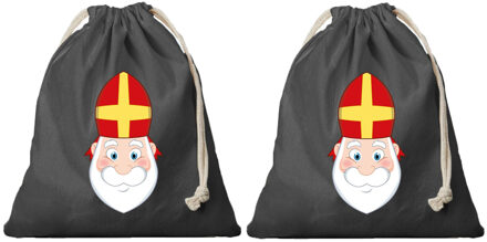 Bellatio Decorations Canvas Sinterklaas snoep strooizak - 2x - cadeauzakje - zwart - met koordje - 25 x 30 cm