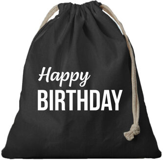Bellatio Decorations Canvas verjaardag cadeau tasje - Happy Birthday - zwart - met koord - 25 x 30 cm