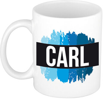 Bellatio Decorations Carl naam cadeau koffie mok - beker - met blauw verfstrepen - Cadeau collega - vaderdag