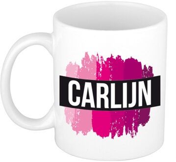 Bellatio Decorations Carlijn naam / voornaam kado beker / mok roze verfstrepen - Gepersonaliseerde mok met naam - Naam mokken
