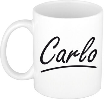 Bellatio Decorations Carlo Naam koffiemok - beker - met sierlijke letters - wit - 300 ml - Cadeau - Heren