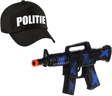 Bellatio Decorations Carnaval verkleed speelgoed set - politiepet zwart - voor kinderen - met machinegeweer 27 cm