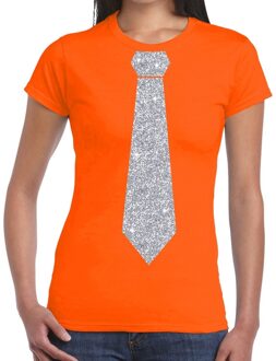 Bellatio Decorations Carnaval verkleed t-shirt - met stropdas - oranje - zilver glitters - dames - fun t-shirt