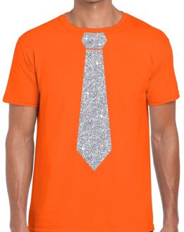 Bellatio Decorations Carnaval verkleed t-shirt - met zilveren glitter stropdas - oranje - voor heren - disco - glamour