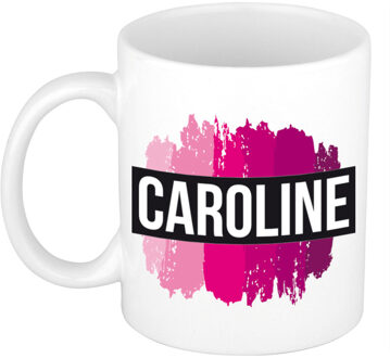 Bellatio Decorations Caroline naam cadeau koffie mok - beker - met roze verfstrepen - Cadeau collega - moederdag