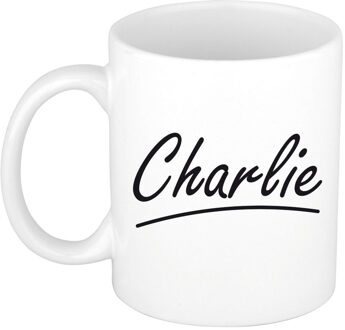 Bellatio Decorations Charlie Naam koffiemok - beker - met sierlijke letters - wit - 300 ml - Cadeau - Heren