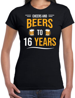 Bellatio Decorations Cheers and beers 16 jaar verjaardag cadeau t-shirt zwart voor dames - 16e verjaardag kado shirt / outfit 2XL