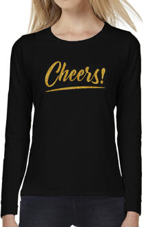 Bellatio Decorations Cheers goud tekst longsleeve zwart dames - Oud en Nieuw / Glitter en Glamour goud party kleding shir 2XL