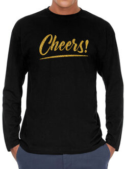 Bellatio Decorations Cheers goud tekst longsleeve zwart heren - Oud en Nieuw / Glitter en Glamour goud party kleding shir 2XL