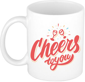 Bellatio Decorations Cheers to you cadeau mok / beker wit met wijnglazen