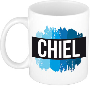Bellatio Decorations Chiel naam cadeau koffie mok - beker - met blauw verfstrepen - Cadeau collega - vaderdag