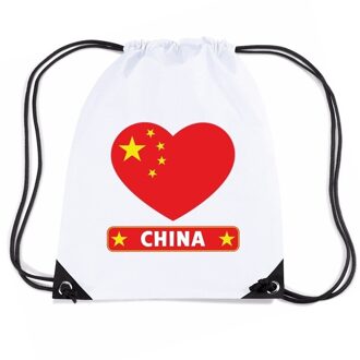 Bellatio Decorations China nylon rijgkoord rugzak/ sporttas wit met Chinese vlag in hart