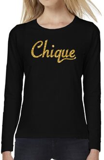 Bellatio Decorations Chique goud glitter tekst t-shirt long sleeve zwart voor dames 2XL