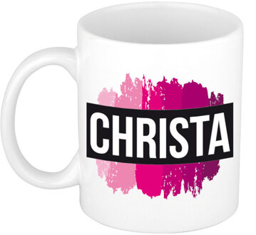 Bellatio Decorations Christa naam / voornaam kado beker / mok roze verfstrepen - Gepersonaliseerde mok met naam - Naam mokken