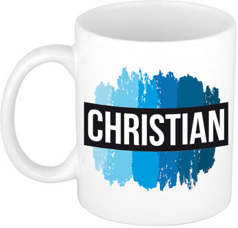 Bellatio Decorations Christian naam cadeau koffie mok - beker - met blauw verfstrepen - Cadeau collega - vaderdag
