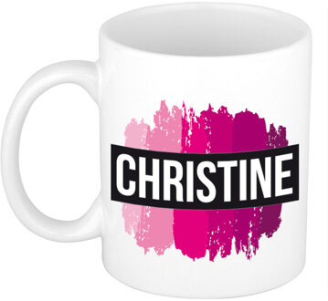 Bellatio Decorations Christine naam / voornaam kado beker / mok roze verfstrepen - Gepersonaliseerde mok met naam - Naam mokken