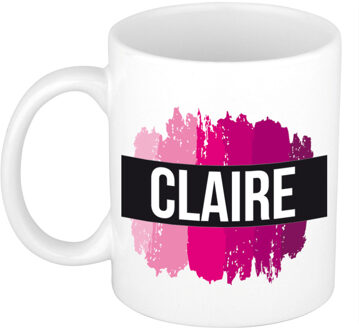 Bellatio Decorations Claire naam cadeau koffie mok - beker - met roze verfstrepen - Cadeau collega - moederdag