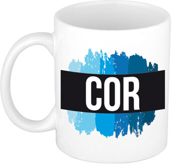 Bellatio Decorations Cor naam cadeau koffie mok - beker - met blauw verfstrepen - Cadeau collega - vaderdag