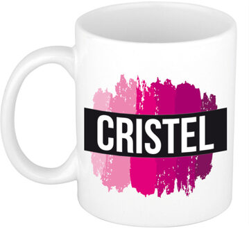 Bellatio Decorations Cristel naam cadeau koffie mok - beker - met roze verfstrepen - Cadeau collega - moederdag