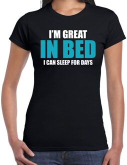 Bellatio Decorations Dames t-shirt - zwart - fun tekst - Great in bed - Grappig pyjama shirt - slaapshirt L