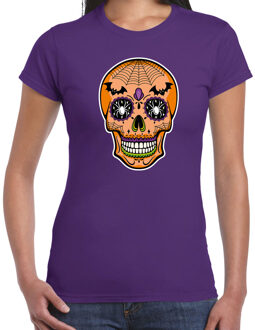 Bellatio Decorations Day of the dead skelet gezicht halloween verkleed t-shirt paars voor dames XS - Feestshirts