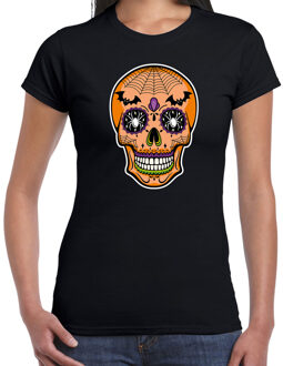 Bellatio Decorations Day of the dead skelet gezicht halloween verkleed t-shirt zwart voor dames XS - Feestshirts