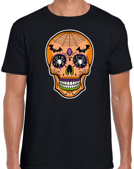 Bellatio Decorations Day of the dead skelet gezicht halloween verkleed t-shirt zwart voor heren 2XL - Feestshirts