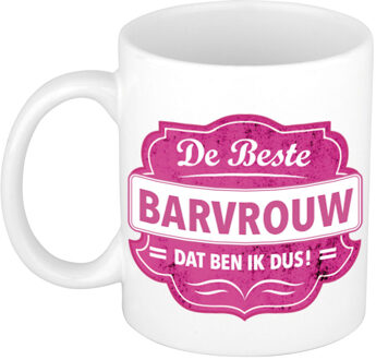 Bellatio Decorations De beste barvrouw cadeau mok / beker wit met roze embleem 300 ml - feest mokken