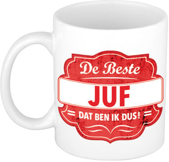 Bellatio Decorations De beste juf cadeau mok / beker wit met rood embleem 300 ml - feest mokken