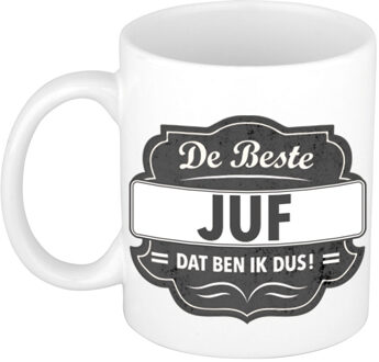 Bellatio Decorations De beste juf dat ben ik dus cadeau mok / beker grijs embleem 300 ml - feest mokken