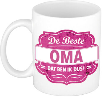 Bellatio Decorations De beste oma cadeau mok / beker wit met roze embleem 300 ml - feest mokken