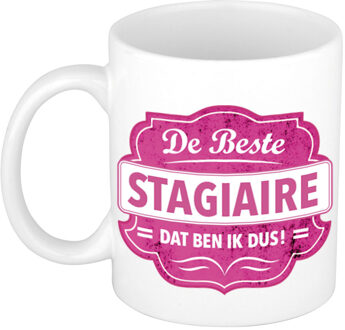 Bellatio Decorations De beste stagiaire cadeau mok / beker wit met roze embleem 300 ml - feest mokken