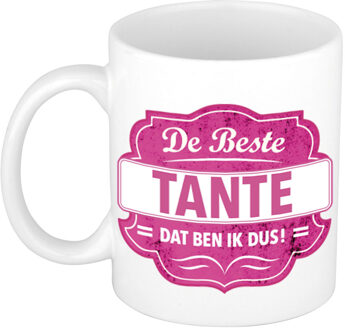 Bellatio Decorations De beste tante cadeau mok / beker wit met roze embleem 300 ml - feest mokken