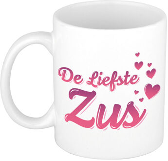 Bellatio Decorations De liefste zus cadeau - koffiemok - drinkbeker - wit - met roze hartjes - verjaardagscadeau