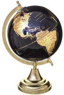 Bellatio Decorations Decoratie wereldbol/globe zwart/goud op metalen voet D20 x H33 cm - Wereldbollen