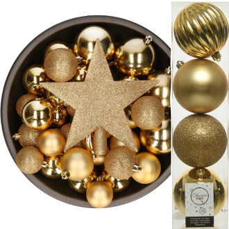 Bellatio Decorations Decoris kerstballen 37x stuks goud 5-6-8-10 cm met ster piek kunststof - Kerstbal Goudkleurig