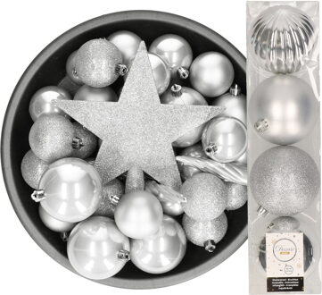 Bellatio Decorations Decoris kerstballen 37x stuks zilver 5-6-8-10 cm met ster piek kunststof