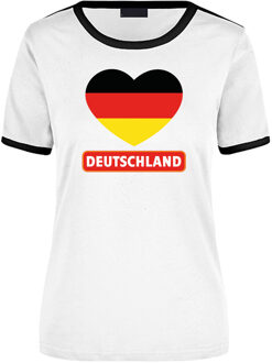 Bellatio Decorations Deutschland wit/zwart ringer t-shirt Duitsland vlag in hart voor dames