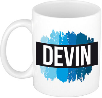 Bellatio Decorations Devin naam cadeau koffie mok - beker - met blauw verfstrepen - Cadeau collega - vaderdag