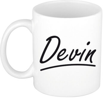 Bellatio Decorations Devin Naam koffiemok - beker - met sierlijke letters - wit - 300 ml - Cadeau - Heren