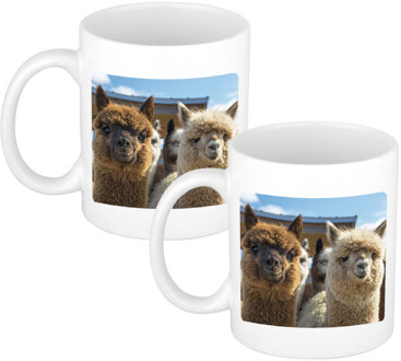 Bellatio Decorations Dieren alpaca foto koffiemok - 2x - 300 ml - cadeau beker / mok alpacas liefhebber