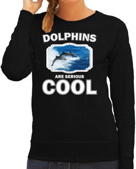 Bellatio Decorations Dieren dolfijnen sweater zwart dames - dolphins are serious cool trui - cadeau sweater dolfijn groep/ dolfijnen liefhebber 2XL